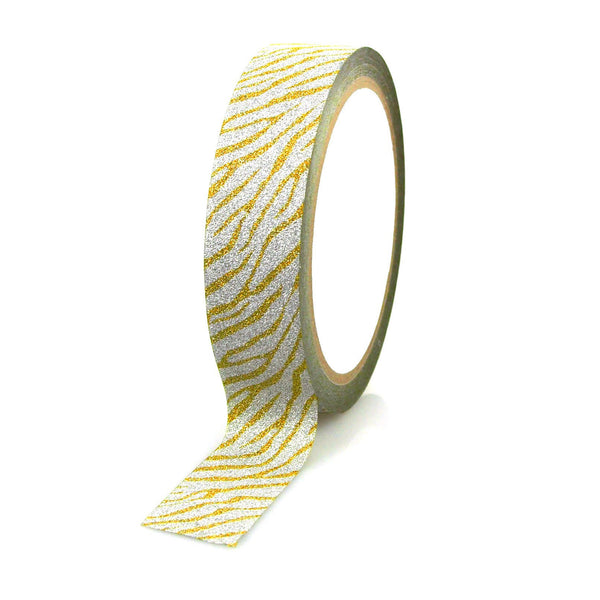 Glittery Zebra Print Tape Ribbon, 1-inch, 20-yard, Gold