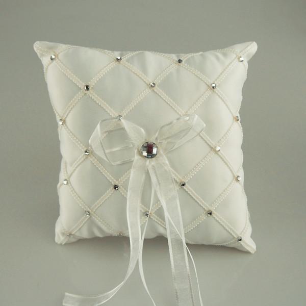 Ring Bearer Satin Pillows Wedding Occassion, 7-inch, Checkered Rhinestones, White, CLOSEOUT