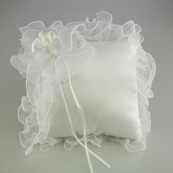 Ring Bearer Satin Pillows Wedding Occassion, 7-inch, Organza Lace Edge & Rose, White, CLOSEOUT