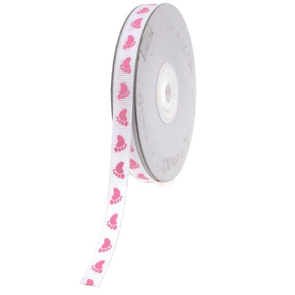 Baby Girl Foot Print Grosgrain Ribbon, 3/8-Inch, 25-yard, Pink