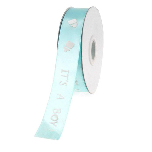 Its A Boy Print Satin Ribbon, 7/8-inch, 25-yard, Light Blue