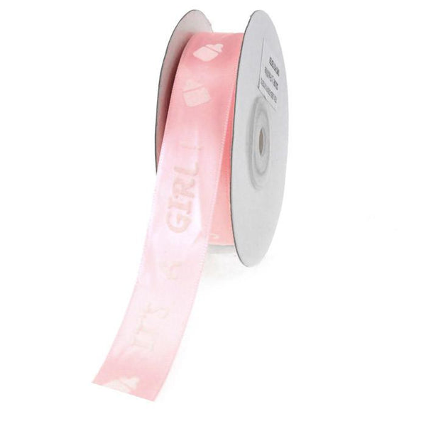 Its A Girl Print Satin Ribbon, 7/8-inch, 25-yard, Light Pink