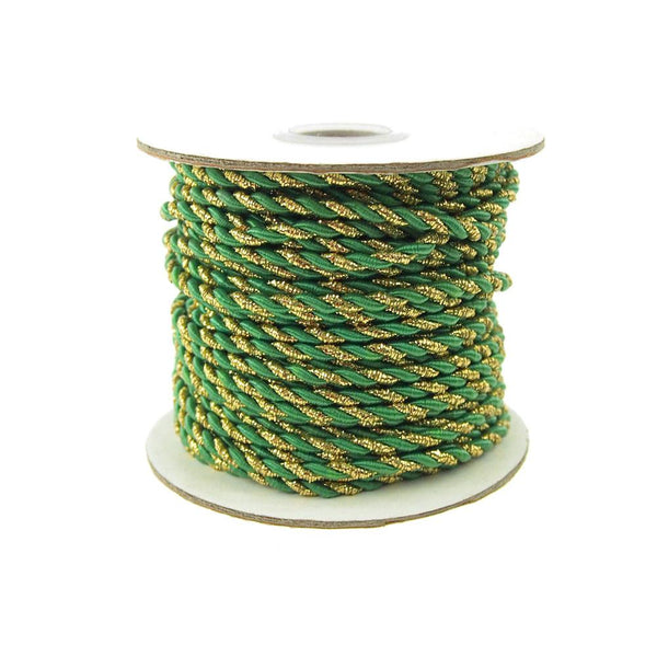 Twisted Cord Rope 2 Ply, 3mm, 25-yard, Gold Trim, Emerald Green