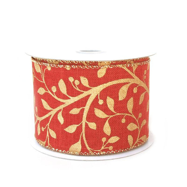 Gold Leaf Red Canvas Christmas Ribbon, 2-1/2-inch, 10-yard