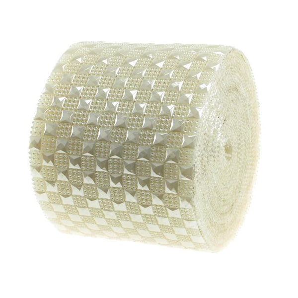 Pearl Checkered Studs Mesh Wrap Ribbon, 4-Inch, 10 Yards