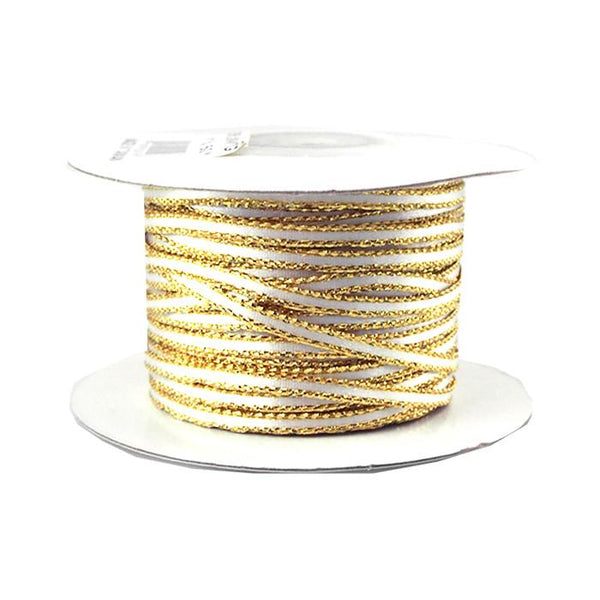 Satin Ribbon with Metallic Trim Edge, 1/8-Inch, 50- Yards, White w/ Gold Edge