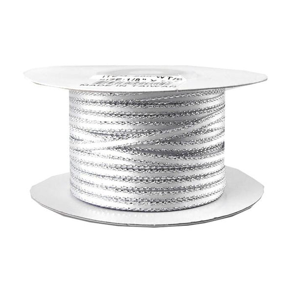 Satin Ribbon with Metallic Trim Edge, 1/8-Inch, 50 Yards, White w/ Silver Edge