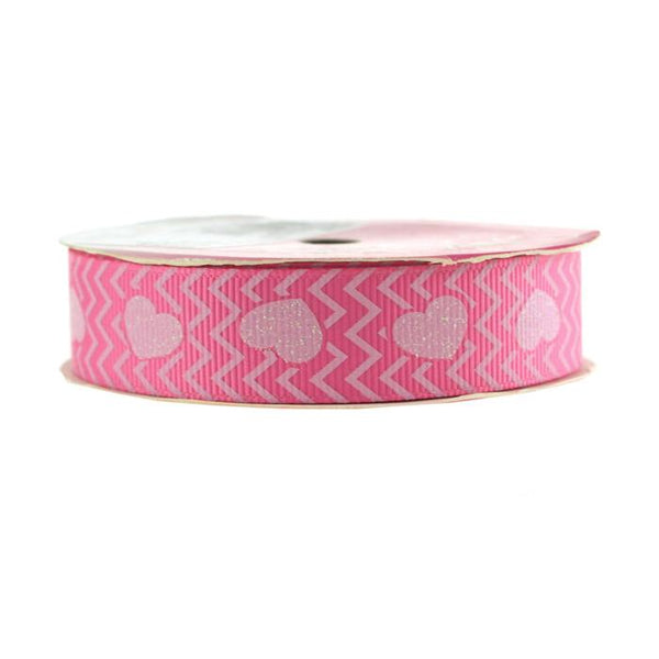 Glitter Hearts Chevron Grosgrain Ribbon, 7/8-inch, 4-yard, Hot Pink