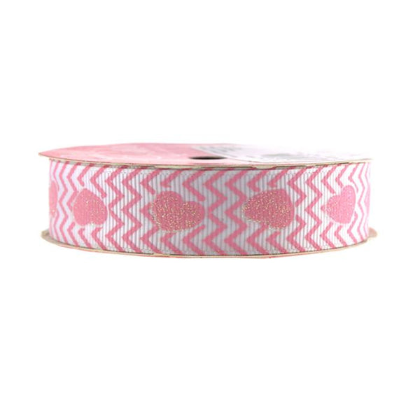 Glitter Hearts Chevron Grosgrain Ribbon, 7/8-inch, 4-yard, Light Pink