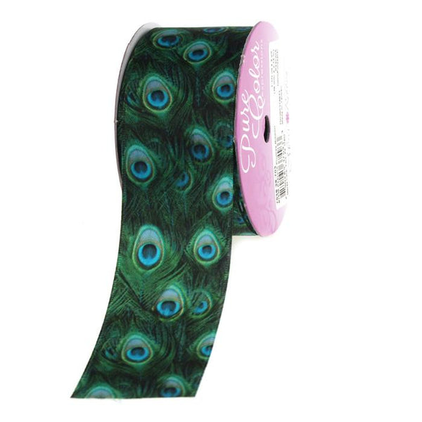 Peacock Print Satin Ribbon, Teal, 1-1/2-inch, 3-Yard