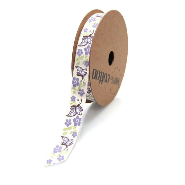 Butterflies Flowers Cotton Ribbon, 5/8-inch, 10-yard, Lavender