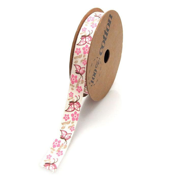 Butterflies Flowers Cotton Ribbon, 5/8-inch, 10-yard, Pink