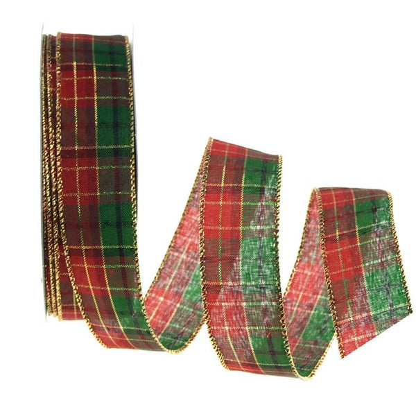 Plaid Checkered Holiday Christmas Ribbon Wired Edge, 1-1/2-inch, 50-yard, Red/Green