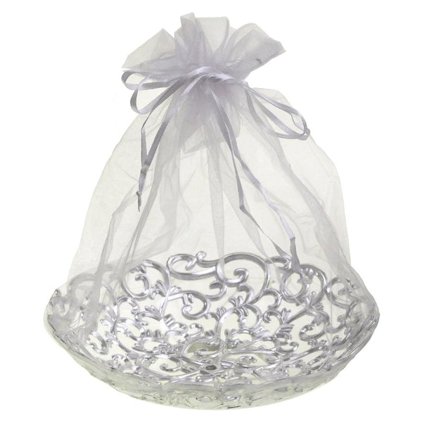 Organza Wrap Basket with Plastic Swirl Tray, 8-Inch, Silver