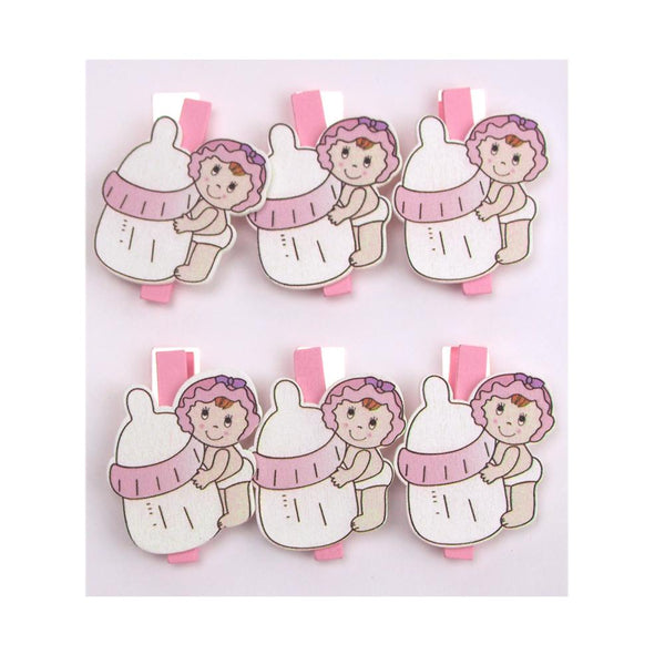 Milk Bottle Baby Wooden Clothespins Favors, 2-Inch, 6-Piece, Pink