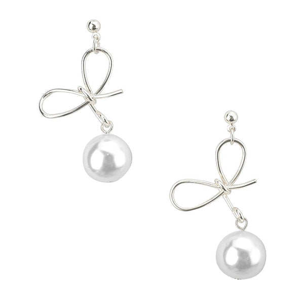 Pearl Bow Drop Earrings, Silver, 1-1/2-Inch