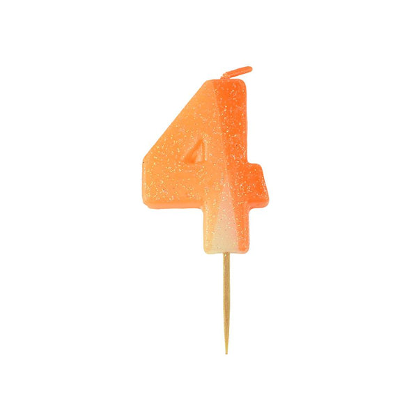 Number 4 Glittered Birthday Candle, Orange, 2-Inch