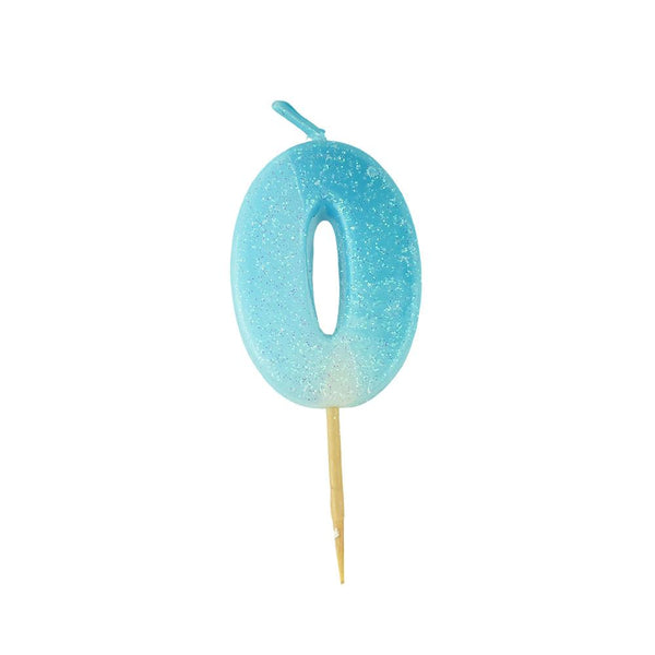 Number 0 Glittered Birthday Candle, Blue, 1-3/4-Inch