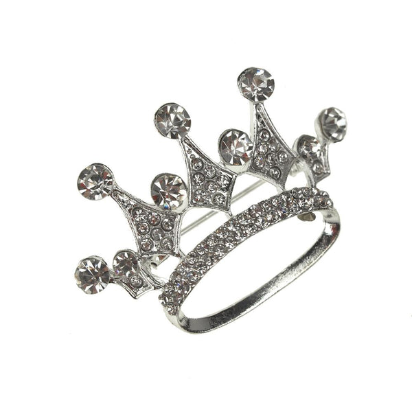 Rhinestone King Crown Brooch Pin, Silver, 1-3/4-Inch