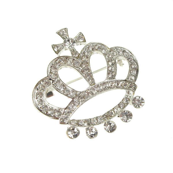 Rhinestone Queen Crown Brooch Pin, Silver, 1-1/2-Inch