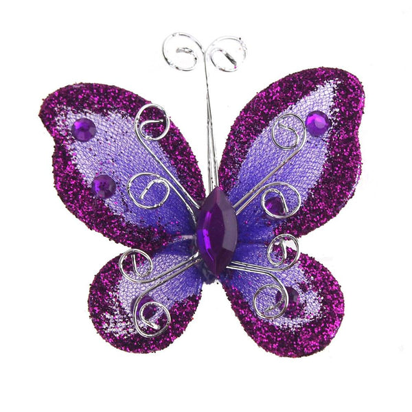 Organza Nylon Glitter Butterflies, 3-inch, 12-Piece, Purple