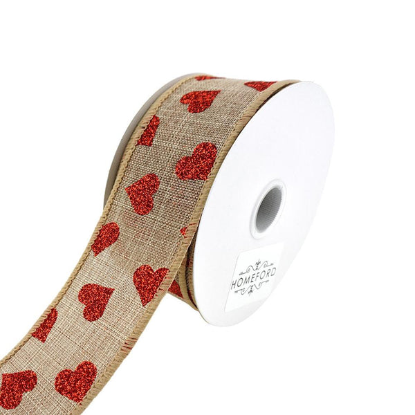 Canvas and Glitter Hearts Wired Ribbon, Natural, 1-1/2-Inch, 10-Yard