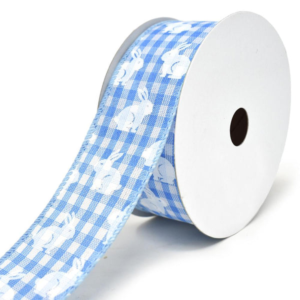 White Bunny Printed Gingham Wired Ribbon, 1-1/2-Inch, 10-Yard, Light Blue