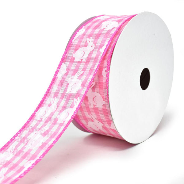 White Bunny Printed Gingham Wired Ribbon, 1-1/2-Inch, 10-Yard, Pink