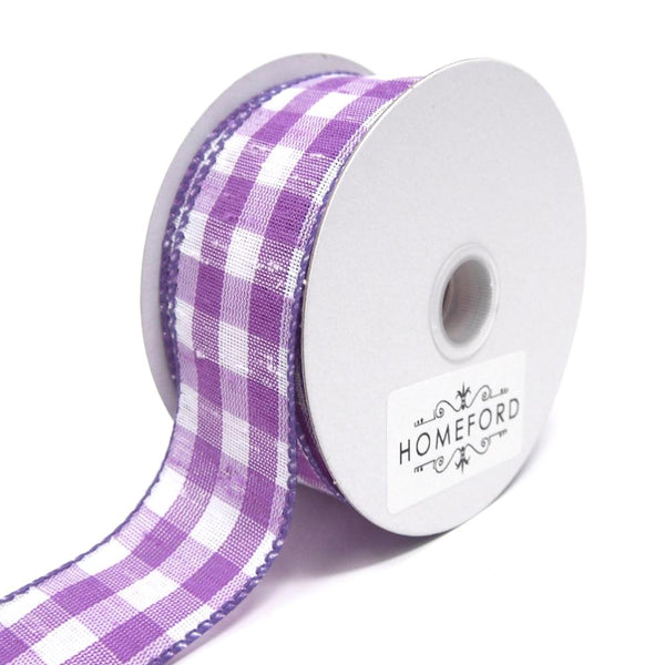 Colorful Gingham Checkered Linen Wired Ribbon, Lavender, 1-1/2-Inch, 10 Yards