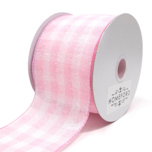 Colorful Gingham Checkered Linen Wired Ribbon, Pink, 2-1/2-Inch, 10 Yards