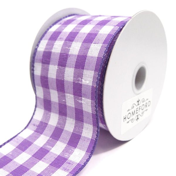 Colorful Gingham Checkered Linen Wired Ribbon, Lavender, 2-1/2-Inch, 10 Yards