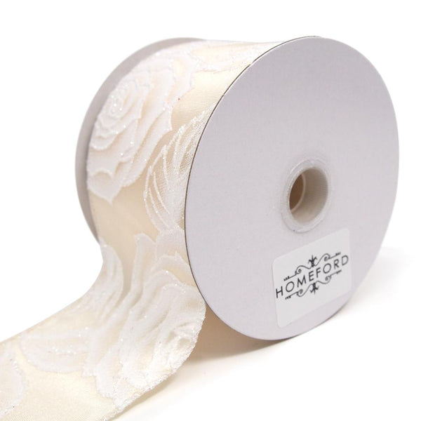 Iridescent White Roses Glitter Satin Ribbon, Ivory, 2-1/2-Inch, 10 Yards