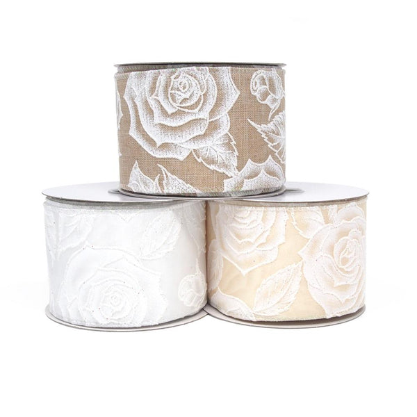 Iridescent White Roses Glitter Ribbon, 2-1/2-Inch, 10 Yards