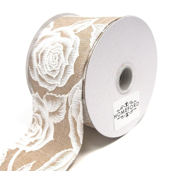 Iridescent White Roses Glitter Linen Ribbon, Light Tan, 2-1/2-Inch, 10 Yards