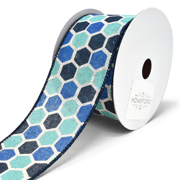 Variation Hex Wired Printed Canvas Ribbon, 2-1/2-Inch, 10-Yard, Blue