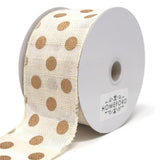 Gold Polka Dots Faux Burlap Wired Ribbon, Ivory, 10 Yards