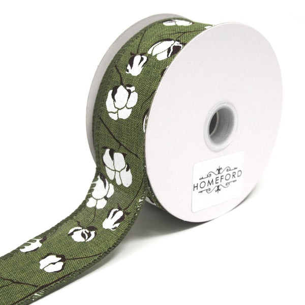 Cotton Boll Stems Linen Ribbon, Moss, 1-1/2-Inch, 10 Yards