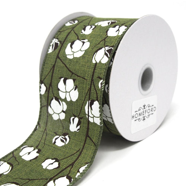 Cotton Boll Stems Linen Ribbon, Moss, 2-1/2-Inch, 10 Yards