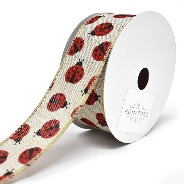 Red Lady Bugs Wired Linen Ribbon, 1-1/2-Inch, 10-Yard, Tan