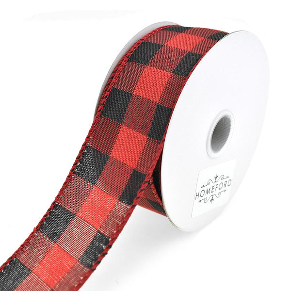 Woven Buffalo Plaid Wired Edge Christmas Ribbon, 1-1/2-Inch, 10-Yard, Black/Red