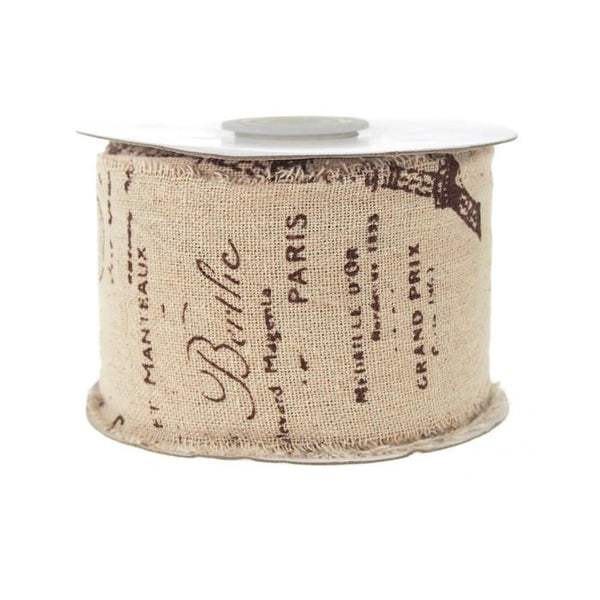 Linen Paris Eiffel and Stamps Brown Print Ribbon, 2-1/2-inch, 10-yard