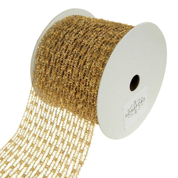 Metallic Tinsel Wired Diamond Netting Mesh Christmas Ribbon, Gold Iridescent, 4-Inch, 10 Yards