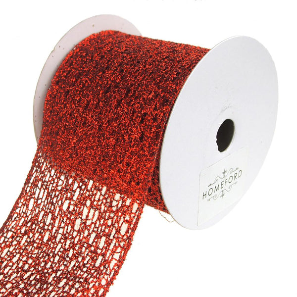 Open Weave Metallic Glitter Tinsel Mesh Christmas Ribbon, Red, 4-Inch, 10 Yards