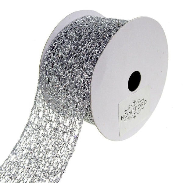 Open Weave Metallic Glitter Tinsel Mesh Christmas Ribbon, Silver, 2-1/2-Inch, 10 Yards