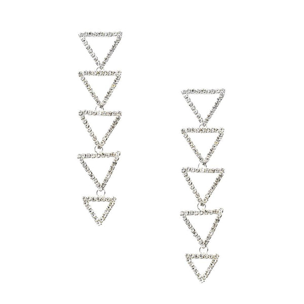 Five Triangle Rhinestone Drop Earrings, Silver, 3-1/2-Inch