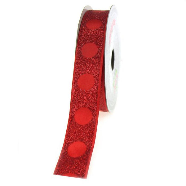 Glitter Ribbon with Satin Dots, 7/8-inch, 10-yard, Red