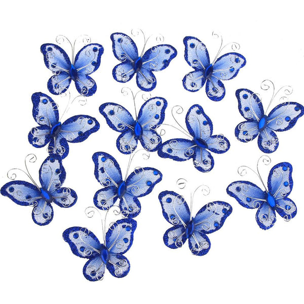 Organza Nylon Glitter Butterflies, 2-inch, 12-Piece, Royal Blue