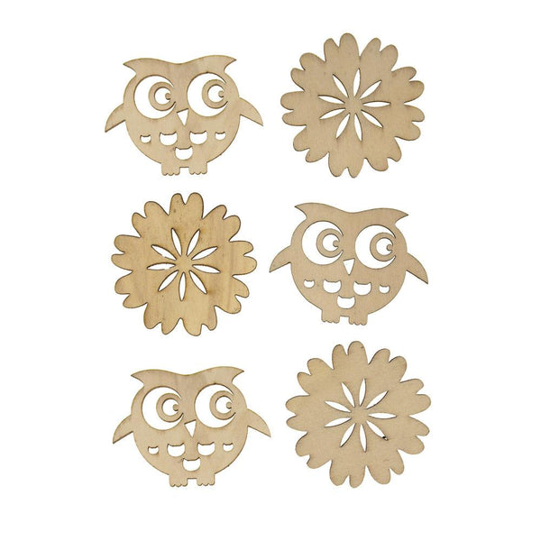 Owl Laser Cut Wooden Stickers, Natural, 2-Inch, 6-Count