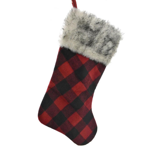 Buffalo Plaid with Fur Cuff Stocking, Red, 19-Inch