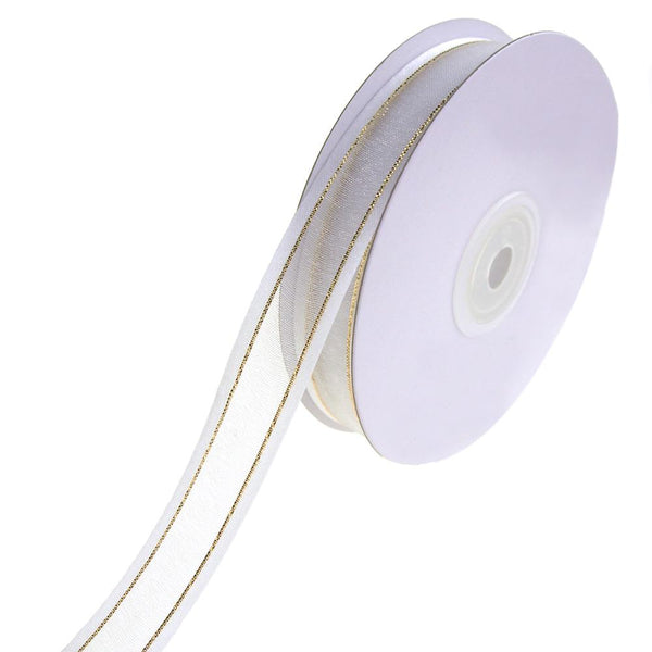 Gold-Lined Satin Edge Organza Ribbon, White, 5/8-Inch, 25-Yard